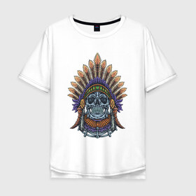 Мужская футболка хлопок Oversize с принтом Индеец , 100% хлопок | свободный крой, круглый ворот, “спинка” длиннее передней части | ацтек | вождь | индеец | майя | монстр | мумия | рога | скелет | череп