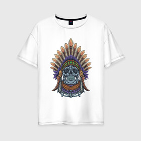 Женская футболка хлопок Oversize с принтом Индеец , 100% хлопок | свободный крой, круглый ворот, спущенный рукав, длина до линии бедер
 | ацтек | вождь | индеец | майя | монстр | мумия | рога | скелет | череп