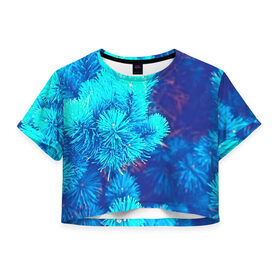 Женская футболка 3D укороченная с принтом Голубая ель , 100% полиэстер | круглая горловина, длина футболки до линии талии, рукава с отворотами | 3d | ёлка | ель | зелёный | лес | новый год | праздник | природа | текстура | фон