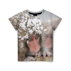 Детская футболка 3D с принтом Обезьянка и зима , 100% гипоаллергенный полиэфир | прямой крой, круглый вырез горловины, длина до линии бедер, чуть спущенное плечо, ткань немного тянется | бабуин | гамадрил | гиббон | горилла | гуманоид | дарвин | животное | зоопарк | кинг конг | мартышка | маугли | обезьяна | орангутанг | предок | примат | рожа | хомо сапиенс | шимпанзе