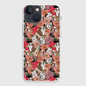 Чехол для iPhone 13 mini с принтом Dogs and flowers ,  |  | boxer | cute | dog | flower | flowers | love | lovely | summer | боксер | бульдог | летний | лето | пес | пионы | собака | собачка | цветочный | цветы