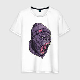 Мужская футболка хлопок с принтом Злая горилла , 100% хлопок | прямой крой, круглый вырез горловины, длина до линии бедер, слегка спущенное плечо. | арт | взгляд | гипноз | гнев | горилла | животные | зубы | кинг конг | клыки | обезьяна | пасть | шапка
