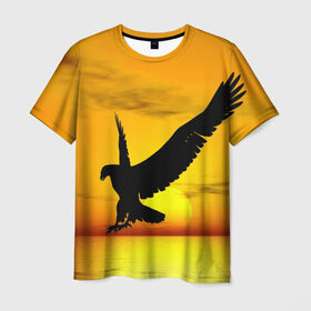 Мужская футболка 3D с принтом Орел на закате , 100% полиэфир | прямой крой, круглый вырез горловины, длина до линии бедер | беркут | большой | горный | грифон | клюв | коготь | кондор | коршун | крылья | огромный | орел | орлан | перья | полет | птица | размах крыла | сокол | степной | хищник | ястреб