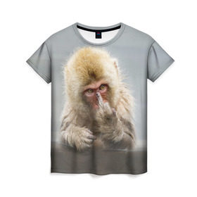 Женская футболка 3D с принтом Японская макака , 100% полиэфир ( синтетическое хлопкоподобное полотно) | прямой крой, круглый вырез горловины, длина до линии бедер | Тематика изображения на принте: макак | мартышка | обезьяна | палец | япония