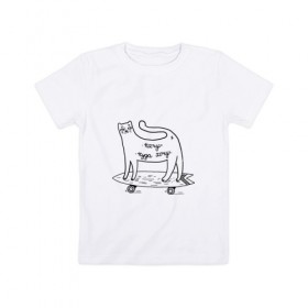 Детская футболка хлопок с принтом кот скейтер , 100% хлопок | круглый вырез горловины, полуприлегающий силуэт, длина до линии бедер | cat | longboard | sk8 | skate | кот | кошка | лонгборд | райдер