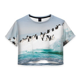 Женская футболка 3D укороченная с принтом Пингвины на айсберге , 100% полиэстер | круглая горловина, длина футболки до линии талии, рукава с отворотами | айсберг | антарктида | антарктика | арктика | буревестник | глупый | императорский | клюв | королевский | крылья | ласты | лёд | линукс | океан | пилигрим | полюс | птица | север | снег | умка | фрак