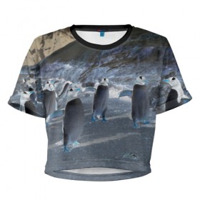 Женская футболка 3D укороченная с принтом Ночные пингвины в горах , 100% полиэстер | круглая горловина, длина футболки до линии талии, рукава с отворотами | 
