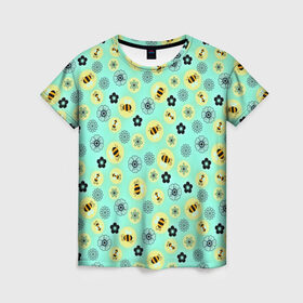 Женская футболка 3D с принтом Пчелки , 100% полиэфир ( синтетическое хлопкоподобное полотно) | прямой крой, круглый вырез горловины, длина до линии бедер | 3d | весна | другие | лето | насекомые | прикольные | пчелы | светлый фон | текстуры | узоры | фон | цветные | цветы | яркие