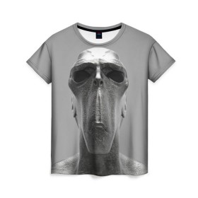 Женская футболка 3D с принтом Гуманоид , 100% полиэфир ( синтетическое хлопкоподобное полотно) | прямой крой, круглый вырез горловины, длина до линии бедер | head | humanoid | sculpture | голова | идол | инопланетянин | истукан | космос | скульптура | статуя