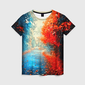 Женская футболка 3D с принтом Дорога , 100% полиэфир ( синтетическое хлопкоподобное полотно) | прямой крой, круглый вырез горловины, длина до линии бедер | 3d | деревья | дорога | другие | красивые | листья | осень | пейзаж | погода | прикольные | природа | цветные | яркие