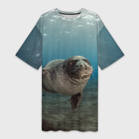 Платье-футболка 3D с принтом Тюлень под водой ,  |  | вода | дайвинг | жирный | косяк | красивые | милые | море | морская | морской котик | океан | плывет | подводный мир | прикольные | речная | рыба | рыбалка | стая | тюлень | усатый кот | фауна | чешуя