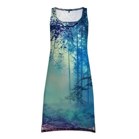 Платье-майка 3D с принтом Лес , 100% полиэстер | полуприлегающий силуэт, широкие бретели, круглый вырез горловины, удлиненный подол сзади. | Тематика изображения на принте: 3d | деревья | лес | пейзаж | природа | роща | туман