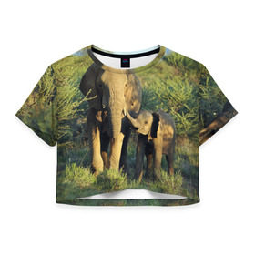Женская футболка 3D укороченная с принтом Слониха и слоненок в природе , 100% полиэстер | круглая горловина, длина футболки до линии талии, рукава с отворотами | африка | африканский | бивни | большой | гигант джунгли | зоопарк | индийский | индия | лесной великан | мамонт | огромный | саванна | сафари | серый | слон | слоненок | слониха | стадо | уши | хобот