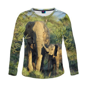 Женский лонгслив 3D с принтом Слониха и слоненок в природе , 100% полиэстер | длинные рукава, круглый вырез горловины, полуприлегающий силуэт | африка | африканский | бивни | большой | гигант джунгли | зоопарк | индийский | индия | лесной великан | мамонт | огромный | саванна | сафари | серый | слон | слоненок | слониха | стадо | уши | хобот