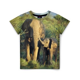 Детская футболка 3D с принтом Слониха и слоненок в природе , 100% гипоаллергенный полиэфир | прямой крой, круглый вырез горловины, длина до линии бедер, чуть спущенное плечо, ткань немного тянется | африка | африканский | бивни | большой | гигант джунгли | зоопарк | индийский | индия | лесной великан | мамонт | огромный | саванна | сафари | серый | слон | слоненок | слониха | стадо | уши | хобот