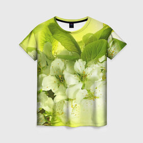 Женская футболка 3D с принтом Цветы яблони , 100% полиэфир ( синтетическое хлопкоподобное полотно) | прямой крой, круглый вырез горловины, длина до линии бедер | белый | весна | дерево | зеленый | природа | растения | цветы | яблоня