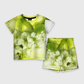 Детский костюм с шортами 3D с принтом Цветы яблони ,  |  | белый | весна | дерево | зеленый | природа | растения | цветы | яблоня