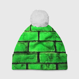 Шапка 3D c помпоном с принтом Зелёные кирпичики , 100% полиэстер | универсальный размер, печать по всей поверхности изделия | 3d | зелёные кирпичики | камень | краска | текстуры