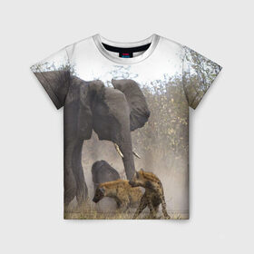 Детская футболка 3D с принтом Гиены охотятся на слона , 100% гипоаллергенный полиэфир | прямой крой, круглый вырез горловины, длина до линии бедер, чуть спущенное плечо, ткань немного тянется | Тематика изображения на принте: африка | африканский | бивни | большой | гигант джунгли | гиены | индийский | индия | лесной великан | мамонт | огромный | охота | саванна | сафари | серый | слон | слониха | стадо | уши | хобот