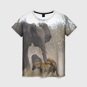 Женская футболка 3D с принтом Гиены охотятся на слона , 100% полиэфир ( синтетическое хлопкоподобное полотно) | прямой крой, круглый вырез горловины, длина до линии бедер | африка | африканский | бивни | большой | гигант джунгли | гиены | индийский | индия | лесной великан | мамонт | огромный | охота | саванна | сафари | серый | слон | слониха | стадо | уши | хобот