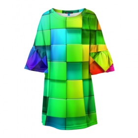 Детское платье 3D с принтом Пазлы , 100% полиэстер | прямой силуэт, чуть расширенный к низу. Круглая горловина, на рукавах — воланы | абстракция | годнота | зеленый. кубы | пазлы | радуга | яркий