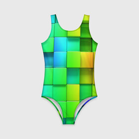 Детский купальник 3D с принтом Пазлы , Полиэстер 85%, Спандекс 15% | Слитный крой, подклад по переду изделия, узкие бретели | Тематика изображения на принте: абстракция | годнота | зеленый. кубы | пазлы | радуга | яркий