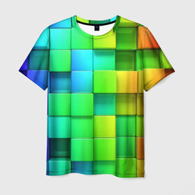 Мужская футболка 3D с принтом Пазлы , 100% полиэфир | прямой крой, круглый вырез горловины, длина до линии бедер | абстракция | годнота | зеленый. кубы | пазлы | радуга | яркий