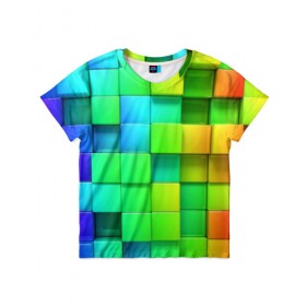 Детская футболка 3D с принтом Пазлы , 100% гипоаллергенный полиэфир | прямой крой, круглый вырез горловины, длина до линии бедер, чуть спущенное плечо, ткань немного тянется | абстракция | годнота | зеленый. кубы | пазлы | радуга | яркий