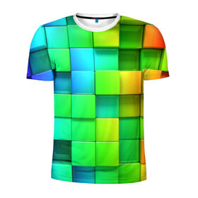 Мужская футболка 3D спортивная с принтом Пазлы , 100% полиэстер с улучшенными характеристиками | приталенный силуэт, круглая горловина, широкие плечи, сужается к линии бедра | абстракция | годнота | зеленый. кубы | пазлы | радуга | яркий