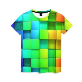 Женская футболка 3D с принтом Пазлы , 100% полиэфир ( синтетическое хлопкоподобное полотно) | прямой крой, круглый вырез горловины, длина до линии бедер | абстракция | годнота | зеленый. кубы | пазлы | радуга | яркий
