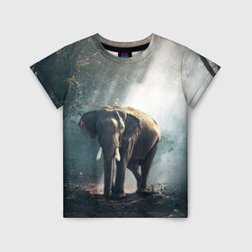 Детская футболка 3D с принтом Слон в лесу , 100% гипоаллергенный полиэфир | прямой крой, круглый вырез горловины, длина до линии бедер, чуть спущенное плечо, ткань немного тянется | Тематика изображения на принте: африка | африканский | бивни | большой | гигант джунгли | зоопарк | индийский | индия | лесной великан | мамонт | огромный | саванна | сафари | серый | слон | слоненок | слониха | стадо | уши | хобот