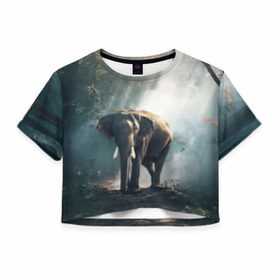 Женская футболка 3D укороченная с принтом Слон в лесу , 100% полиэстер | круглая горловина, длина футболки до линии талии, рукава с отворотами | африка | африканский | бивни | большой | гигант джунгли | зоопарк | индийский | индия | лесной великан | мамонт | огромный | саванна | сафари | серый | слон | слоненок | слониха | стадо | уши | хобот