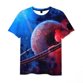 Мужская футболка 3D с принтом Сатурн , 100% полиэфир | прямой крой, круглый вырез горловины, длина до линии бедер | планеты | синий | яркий