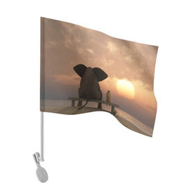 Флаг для автомобиля с принтом Слон с собакой на лавке, закат , 100% полиэстер | Размер: 30*21 см | 