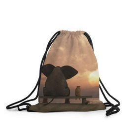 Рюкзак-мешок 3D с принтом Слон с собакой на лавке, закат , 100% полиэстер | плотность ткани — 200 г/м2, размер — 35 х 45 см; лямки — толстые шнурки, застежка на шнуровке, без карманов и подкладки | 