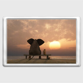 Магнит 45*70 с принтом Слон с собакой на лавке, закат , Пластик | Размер: 78*52 мм; Размер печати: 70*45 | 