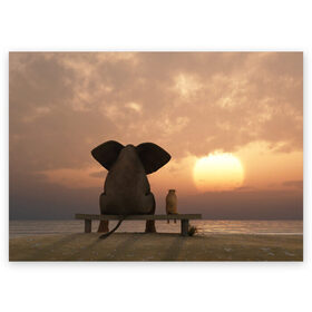 Поздравительная открытка с принтом Слон с собакой на лавке, закат , 100% бумага | плотность бумаги 280 г/м2, матовая, на обратной стороне линовка и место для марки
 | 