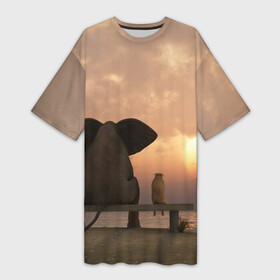 Платье-футболка 3D с принтом Слон с собакой на лавке, закат ,  |  | 