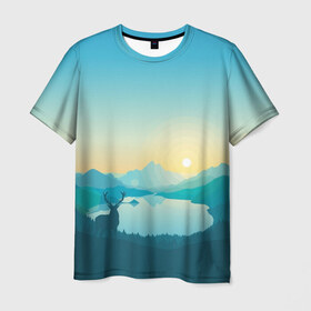 Мужская футболка 3D с принтом Природа , 100% полиэфир | прямой крой, круглый вырез горловины, длина до линии бедер | горы | графика | закат | лес | олень | природа | рисунок