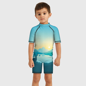 Детский купальный костюм 3D с принтом Природа , Полиэстер 85%, Спандекс 15% | застежка на молнии на спине | Тематика изображения на принте: горы | графика | закат | лес | олень | природа | рисунок