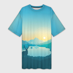 Платье-футболка 3D с принтом Природа ,  |  | Тематика изображения на принте: горы | графика | закат | лес | олень | природа | рисунок