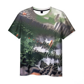 Мужская футболка 3D с принтом Объемный эквалайзер , 100% полиэфир | прямой крой, круглый вырез горловины, длина до линии бедер | 3д | графика | зеленый | объемный | оранжевый | эквалайзер