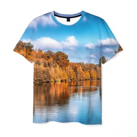 Мужская футболка 3D с принтом Река , 100% полиэфир | прямой крой, круглый вырез горловины, длина до линии бедер | берег | вода | деревья | лес | небо | осень | природа | река