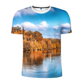 Мужская футболка 3D спортивная с принтом Река , 100% полиэстер с улучшенными характеристиками | приталенный силуэт, круглая горловина, широкие плечи, сужается к линии бедра | Тематика изображения на принте: берег | вода | деревья | лес | небо | осень | природа | река