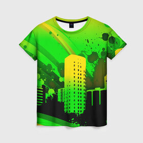 Женская футболка 3D с принтом Город в красках , 100% полиэфир ( синтетическое хлопкоподобное полотно) | прямой крой, круглый вырез горловины, длина до линии бедер | 3d | город | другие | зеленый | картинка | красивые | краски | прикольные | пятна | радуга | свет | цветные | яркие