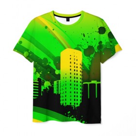 Мужская футболка 3D с принтом Город в красках , 100% полиэфир | прямой крой, круглый вырез горловины, длина до линии бедер | 3d | город | другие | зеленый | картинка | красивые | краски | прикольные | пятна | радуга | свет | цветные | яркие