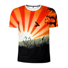 Мужская футболка 3D спортивная с принтом Закат , 100% полиэстер с улучшенными характеристиками | приталенный силуэт, круглая горловина, широкие плечи, сужается к линии бедра | 3d | деревья | другие | закат | картинка | лето | линии | полосы | прикольные | природа | птицы | растение | солнце | цветные | япония | яркие