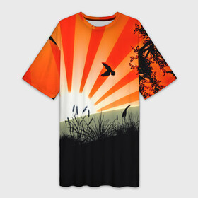 Платье-футболка 3D с принтом Закат ,  |  | 3d | деревья | другие | закат | картинка | лето | линии | полосы | прикольные | природа | птицы | растение | солнце | цветные | япония | яркие