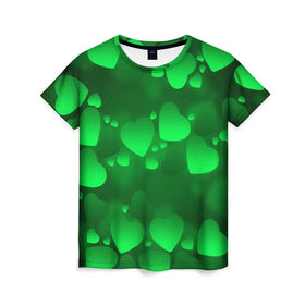 Женская футболка 3D с принтом Зеленые сердечки , 100% полиэфир ( синтетическое хлопкоподобное полотно) | прямой крой, круглый вырез горловины, длина до линии бедер | 14 февраля | 3d | день святого валентина | другие | зеленые | картинки | красивые | любовь | праздник | прикольные | сердечки | текстуры | яркие