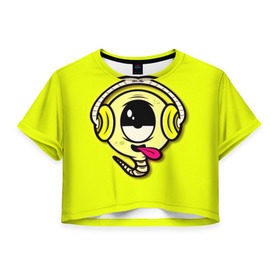 Женская футболка 3D укороченная с принтом Музыкальный червячок , 100% полиэстер | круглая горловина, длина футболки до линии талии, рукава с отворотами | 3d | другие | желтый | картинка | минимализм | музыка | наушники | прикол | прикольные | смешно | смешные | цветные | червяк | язык | яркие